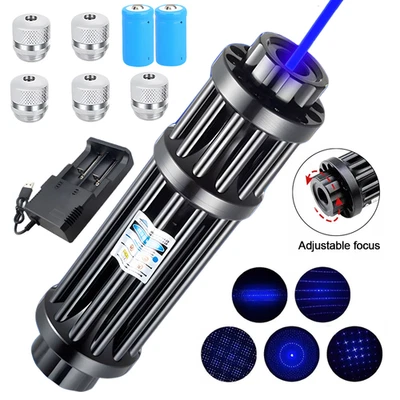 FESTIVALS-STORES 10Watt Adjustable Blue Burning Laser Pointer Visible Dot Torch Light 2 Battery