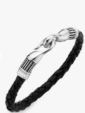 Hoxton London Men's Braided Leather Ribbed Hook Bracelet, Black/Silver RRP £125