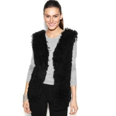 Studio M Women's Open Front Faux Fur Vest Black Size L - Image 1 of 2