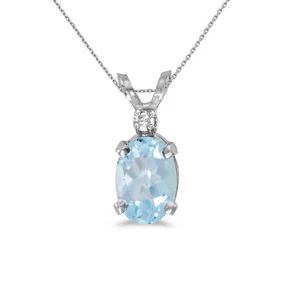 10k White Gold Oval Aquamarine And Diamond Pendant with 16" Chain - Picture 1 of 4