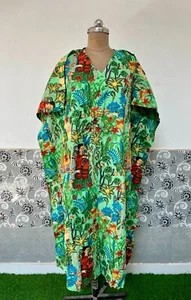 Green Frida Cotton Kaftan handmade printed Caftan Shower Bathing Dress For Woman - Picture 1 of 6
