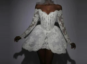 Elegant Lace Illusion Bodice Short Wedding Dresses Applique A-line Bridal Gowns - Picture 1 of 8