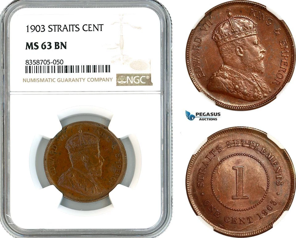 AK568, Straits Settlements, Eduardo VII, 1 centavo 1903, Calcuta Mint, NGC MS63BN Foto 1 de 1