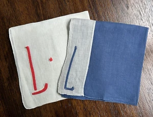 Vintage Taschentuch Taschentuch Leinen blau & grau Monogramm "L" Applikation 2er Set - Bild 1 von 5