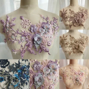 3D Flower Embroidery Applique Beaded Bridal Lace Tulle Trim Wedding Dress Decor - Picture 1 of 17