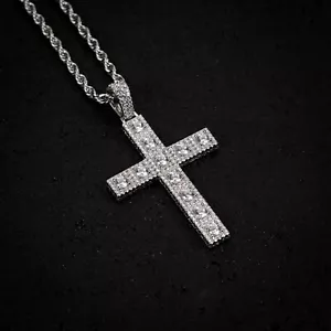Men's White Gold Plated Hip Hop Iced Cz Solitaire Pointer Pendant Rope Necklace - Picture 1 of 5