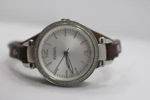 Womens Fossil ES3615 Leather Cuff Crystal Bezel Watch New Battery - Picture 1 of 6