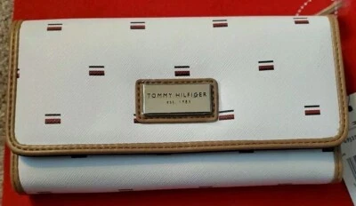 Logotipo bandeira carteira designer Tommy Hilfiger branca com borda bege nova com etiquetas - Imagem 1 de 4