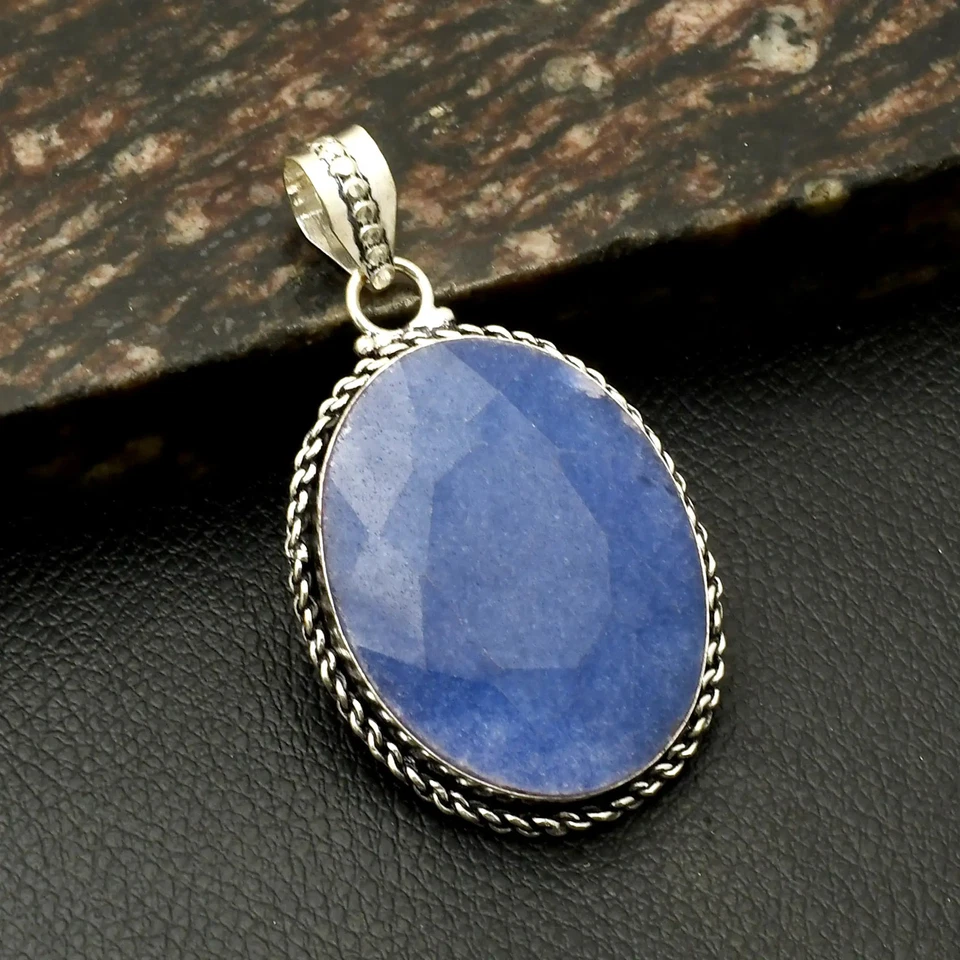 Pingente étnico feito à mão de pedra preciosa de safira simulado presente joia 2,4" AP-45640 - Imagem 1 de 1