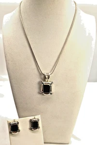 AVON Vintage Grob Onyx (faux) Silber 15" Halskette Ohrstecker Set #158 - Bild 1 von 4