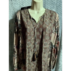 NWT Tolani Collection Brown Southwestern Design Peasant Top Size S BOHO Hippie - Picture 1 of 4