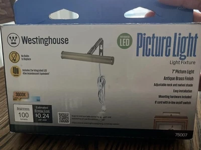 Westinghouse 75007 LED Plug-In 7” Picture Light Antique Brass Finish New In Box - Image 1 of 2