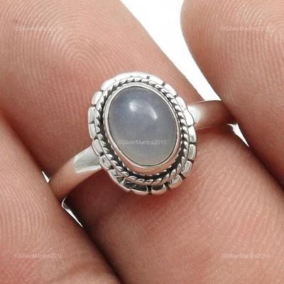 Naturale Calcedonio Argento Sterling Massiccio Lunetta Fascia Halloween Anello - Immagine 1 di 4