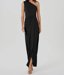 Calvin Klein Womens Black Solid Draped One-Shoulder Gown Dress Size 14 - Picture 1 of 3
