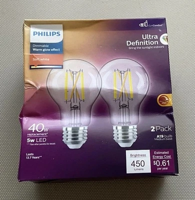 Philips 40W Soft White A19 Ultra Definition LED Light Bulb 450 Lumens 2 Pk - Image 1 of 3