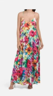 Nicole Miller Watercolor Floral Satin Print Maxi Dress Sz M - Image 1 of 4