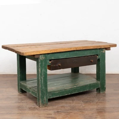 Rustic 19th Century Green Work Table With Drawer and Large Shelf, Hungary - Image 1 of 4