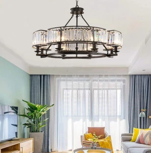Vintage Crystal Chandelier Black 8 Lights Iron Hanging Ceiling Light Fixture - Picture 1 of 12