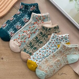 Low Cut Ankle 3D Pattern Floral Socks 5 Pairs Set Blue Beige Yellow Multicolor 