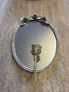 Vintage Toleware Rose Floral MIRROR Shabby Chic Candle Holder OVAL COUNTRY 13x9”
