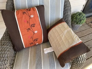 2 Pc Set Throw Pillows 12 X 18 & 18 X 18 Floral Embroidered Brown,orange, Cream - Picture 1 of 5