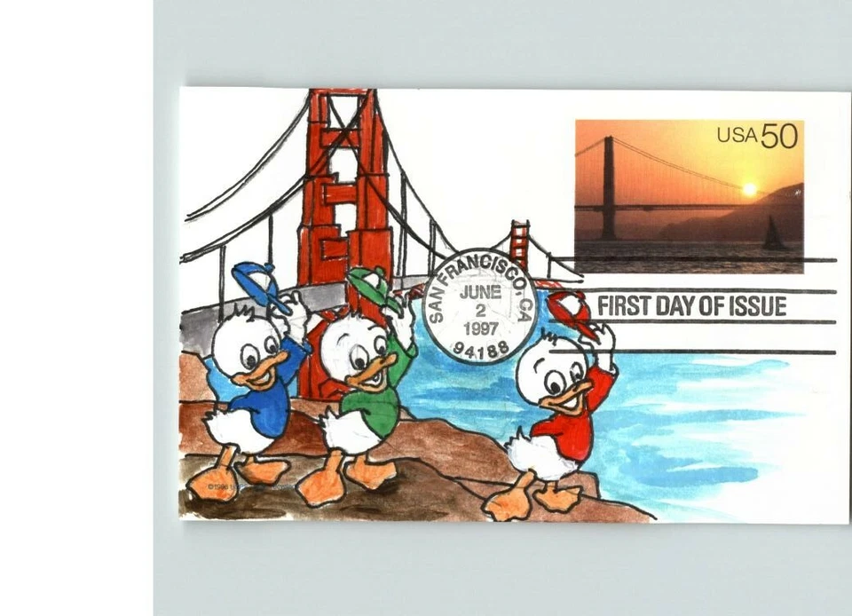 Hand Painted GOLDEN GATE BRIDGE Postal Card, Disney Donald Duck NEPHEWS, Huey, D - Image 1 of 1