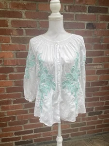 Sundance bestickte Tunika Top Bluse Gr. Large L weiß grün Boho - Bild 1 von 9