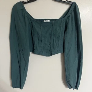 Women’s Kirious Smocked Long Sleeve Bustier Style Front Crop Top Size Small Teal - Picture 1 of 12