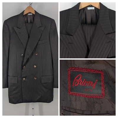 Traje Chaqueta Pantalones Brioni Vintage Marrón Seda Rayas Doble Pecho 2 Piezas Italia Foto 1 de 4