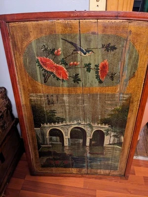 Chinese Linhai 20th Century Painted Wood Panel with Bird and Bridge Design - Image 1 of 4