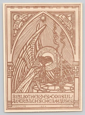 Art Nouveau Ex Libirs Bookplate by German artist MELCHIOR LECHTER 1896 Angel Foto 1 de 2