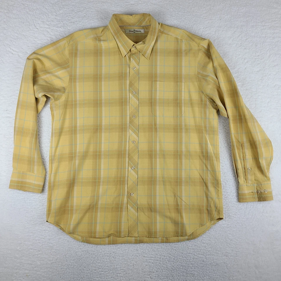 Camisa de vestir Tommy Bahama para hombre XL azul amarillo a cuadros 100 % seda abotonada Foto 1 de 4