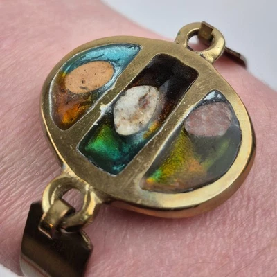 VTG 60s Mosaic Inlay Hinged Bracelet Mid Century Gold Tone Oval Cuff 6.25-6.5" - Image 1 of 4