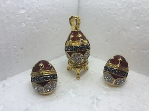 Vintage JOAN RIVERS Russian Collection FABERGE EGG Pendant, Earrings, and Stand - Picture 1 of 13