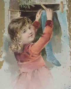 McLaughlin's Coffee Victorian Trade Card Girl Hanging Laundry 1892 - Picture 1 of 3