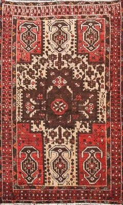Antique Geometric Evenly Low Pile Hamedan Area Rug Traditional Wool 4'x6' Carpet - Image 1 of 4