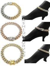 Women's Stone Filled 12mm 9.75" Two Tone Cuban Chain Anklet Ankle Bracelet