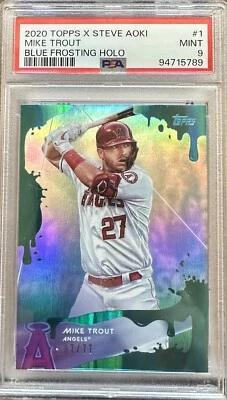 2020 Topps X Steve Aoki 1 Mike Trout /77 Blue Frosting Holo PSA 9 - Image 1 of 2