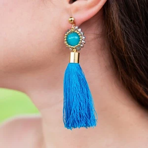 Pendientes para mujer colgantes azules borla ligeros únicos hechos a mano joyería mexicana - Imagen 1 de 1
