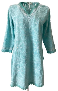 FABINDIA Embroidered Tunic Kurta / Blouse - Turquoise Embroidered SMALL - Pretty - Picture 1 of 23
