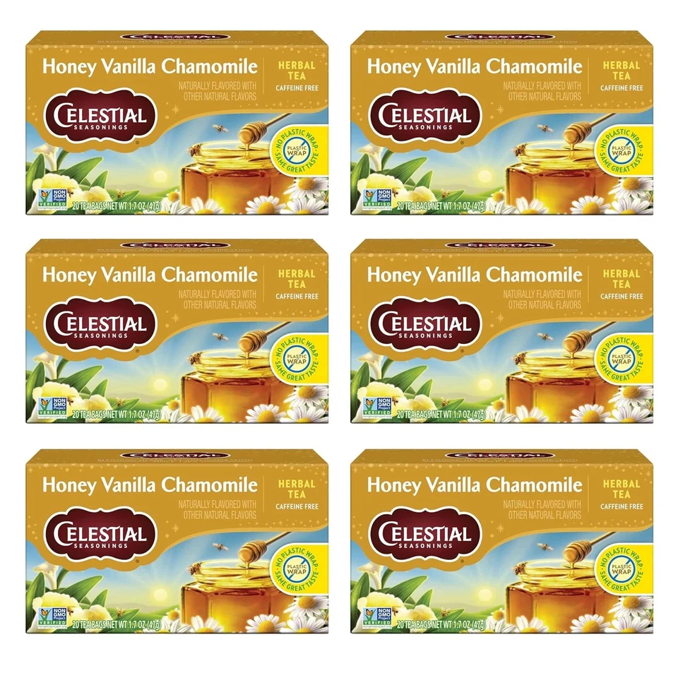 Bolsas de té de hierbas Celestial Seasonings manzanilla miel vainilla - 20ct, paquete de 6 Foto 1 de 1