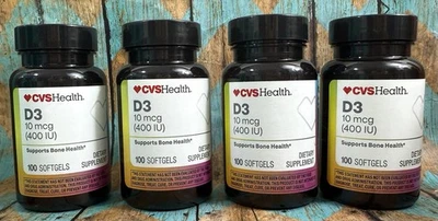 (4) CVS Health D3 10 mcg 400 UI suplemento dietético 400 quilates (100 ea) cápsulas blandas 7/26 Foto 1 de 4