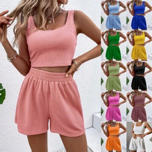 2PCS Ladies Joggers Sports Tracksuits Summer Tops Shorts Lounge Wear Co Ords Set - Picture 1 of 35