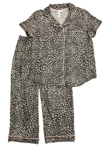 Damen Schwarz Leopardenmuster Pyjama Oberteil & Caprihose Schlafset - Bild 1 von 2