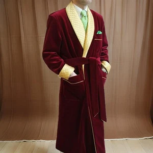 Men's Long Maroon Velvet Smoking Jacket Yellow Quilted Long Gown Dinner Coat - Picture 1 of 5
