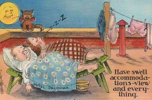 Hotel Palooka, Man & Woman in Bed, Cat - Old Vintage Linen Funny Comic Postcard - Picture 1 of 2