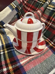 Grace Teaware Porcelain Set Tea For One Teapot Cup Saucer Peppermint Stripes NEW - Picture 1 of 11
