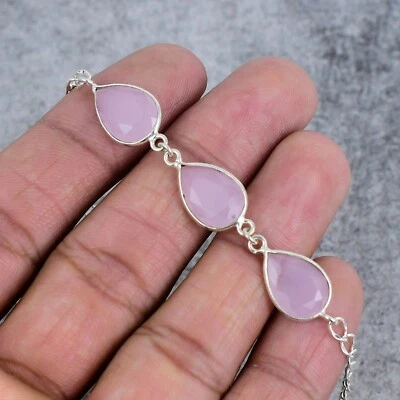 Pulsera de eslabones de plata de ley 925 hecha a mano con piedras preciosas de cuarzo rosa 7-8" Foto 1 de 4