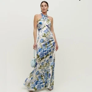 Nuevo con etiquetas Vestido de Seda Reformation Veria en Azul Lucca Blanco Floral Maxi Halter Pequeño - Imagen 1 de 7
