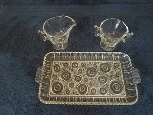 VINTAGE CLEAR GLASS CREAMER & SUGAR BOWL SET ~ WITH GLASS TRAY - Picture 1 of 7